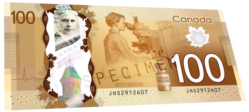 100 Canadian dollar polymer banknote 100 CAD (back)