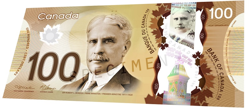 100 Canadian dollar polymer banknote 100 CAD (front)