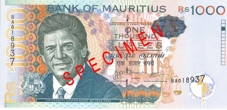 1000 Mauritian rupees banknote Rs1000 obverse