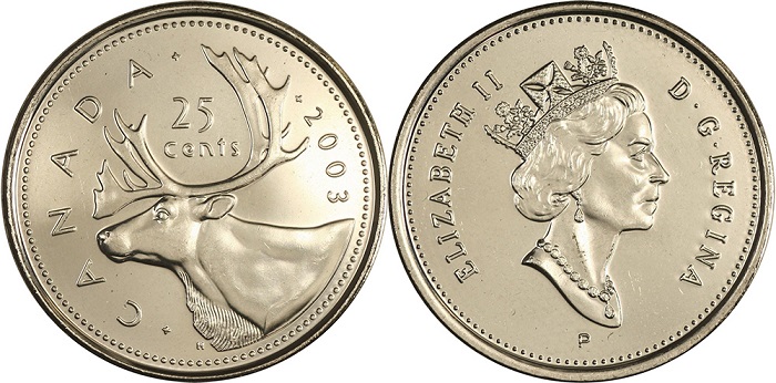 25 Canadian dollar cents coins