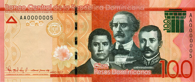 Billete de 100 pesos dominicanos (anverso)