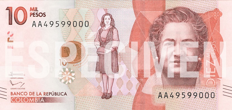 Billete de 10000 pesos colombianos anverso