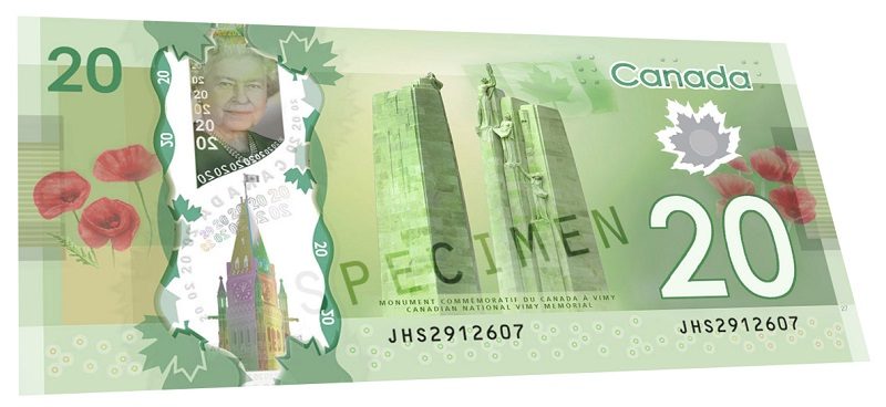 Billete de 20 dólares de Canadá reverso