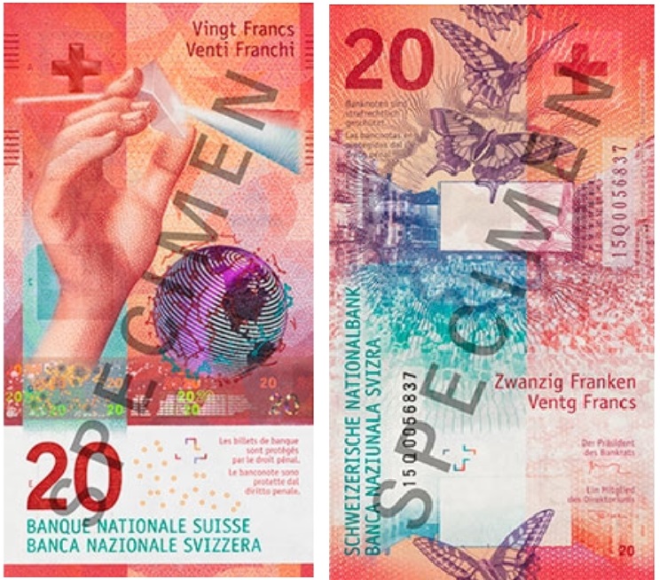 Billete de 20 francos suizos vertical
