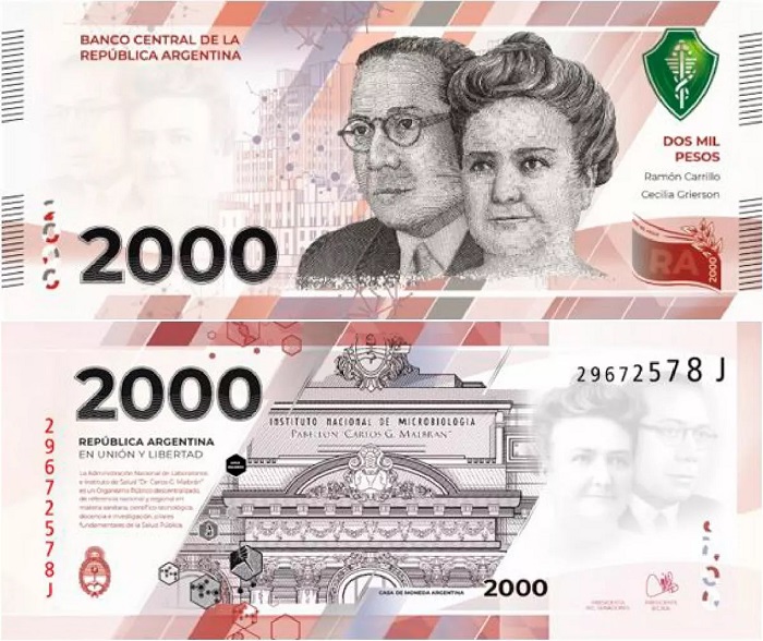 Billete de 2000 pesos argentinos mayo 2023