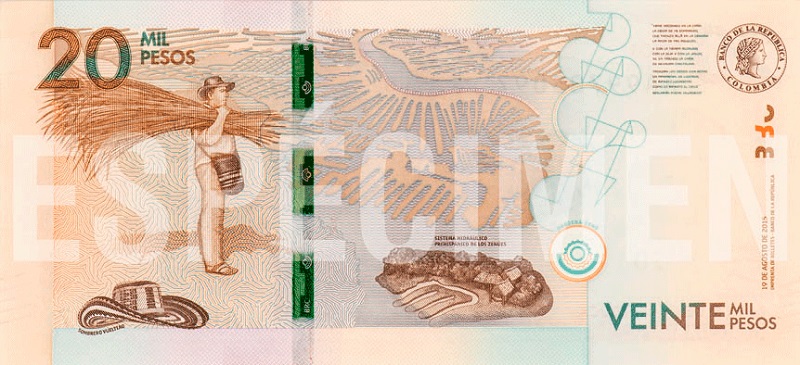 Billete de 20000 pesos colombianos reverso