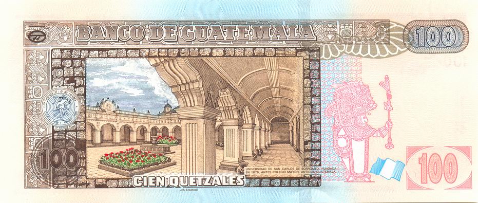 Billete de Q100 en Guatemala reverso