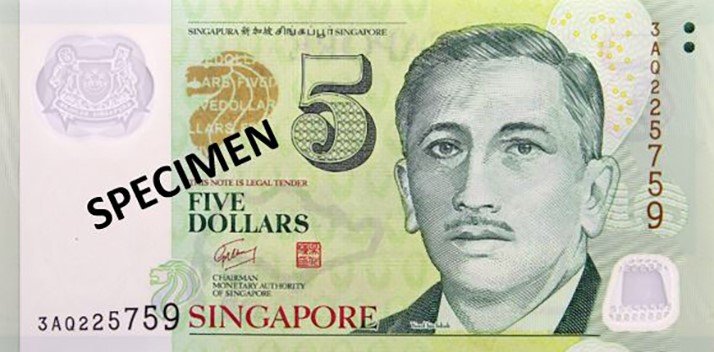 Billete de cinco dólares de Singapur 5 SGD anverso