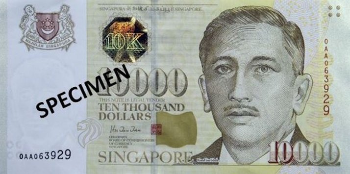 Billete de diez mil dólares de Singapur 10000 SGD anverso