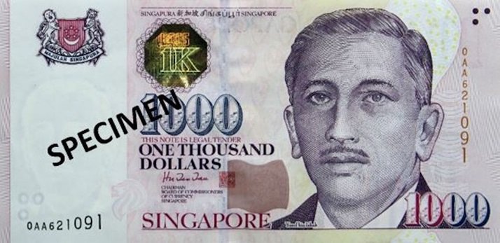 Billete de mil dólares de Singapur 1000 SGD anverso