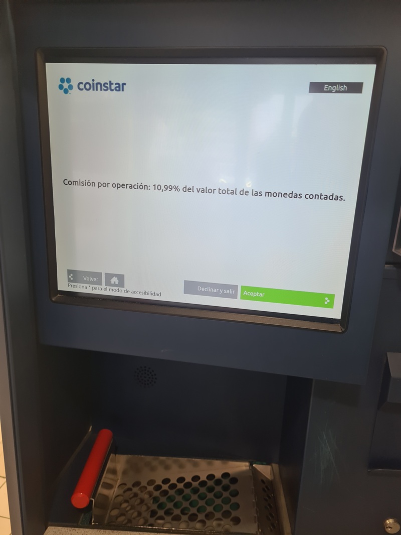 Comisión máquina de monedas Coinstar en Carrefour Market diciembre 2025