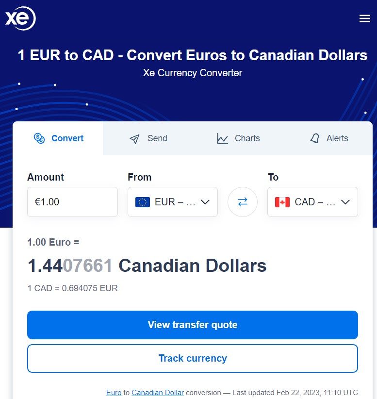 Eur to CAD rate XE 22 02 2023