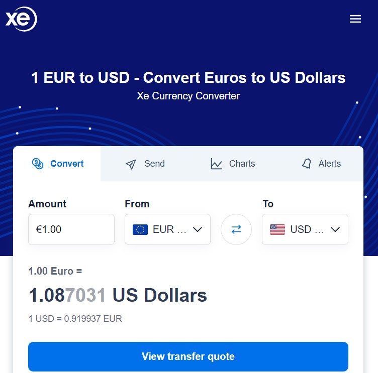 Euro to dollar converter XE