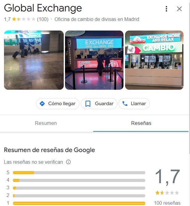 Global Exchange reviews at Madrid airports (April 2023)
