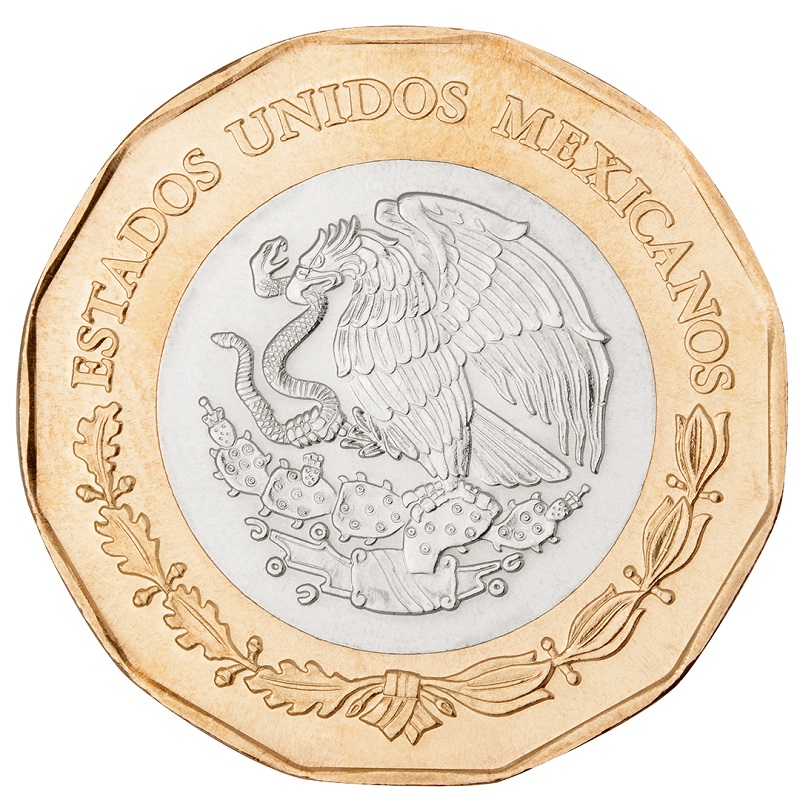 Moneda de 20 pesos mexicanos anverso
