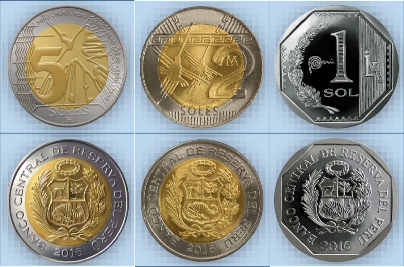 Monedas de 1 de 2 y de 5 nuevos soles de Perú