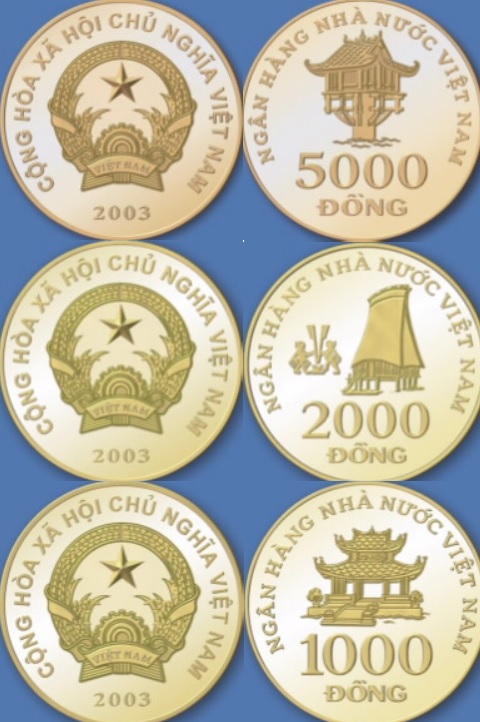 Monedas de 5000, 2000 y 1000 dóng vietnamitas VND
