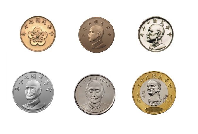 Taiwanese dollar coins (from left to right starting at the top, coins of $ 0.5, $ 1, $ 5 and under $ 10, $ 10 and $ 20) (Source Central Bank web)