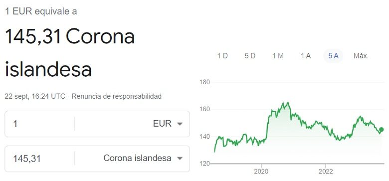 Tasa de cambio euro corona islandesa 22 09 2023